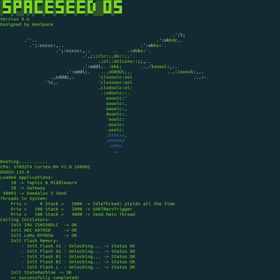 Screenshot of a terminal (CLI) console with an ASCII art space seed and a headline 